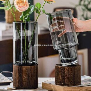 创意柳直筒富贵竹木简约银玻璃花瓶干花托客厅装饰摆件大花瓶插瓶
