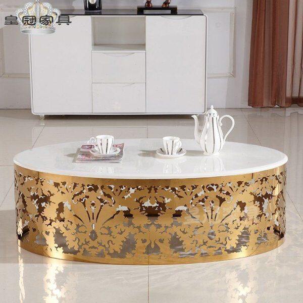 金属镂空雕花金色复古圆镀 玻璃茶几金色接待大理石茶几椭奢华处