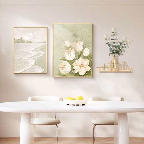 奶油风餐厅装饰画组合画带置物架郁金香花卉壁画饭厅餐桌墙面挂画