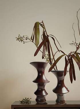 新中式轻奢红色系手工陶瓷花瓶家居样板间竹节插花器软装饰品摆件