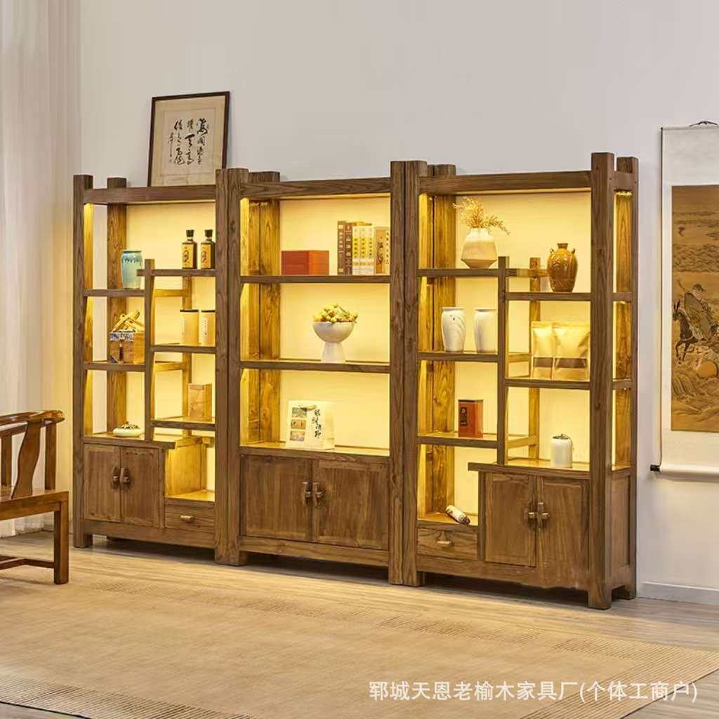 老榆木风化博古架茶室实木多层展示柜实木中式隔断民宿禅意置物架