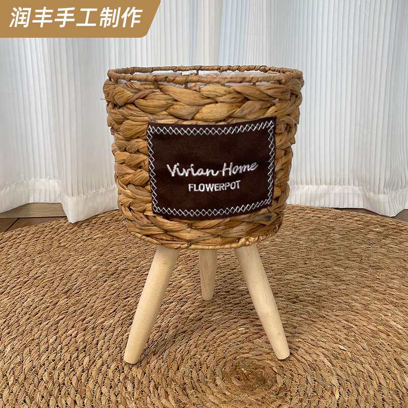 编织花盆草编花篮藤编落地木质高花架客厅装饰芦苇现货编织花盆