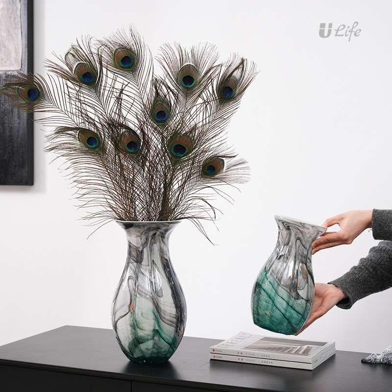 插花装饰品客厅艺术玻璃花瓶摆件水墨画玄关餐桌孔雀羽毛现代花器