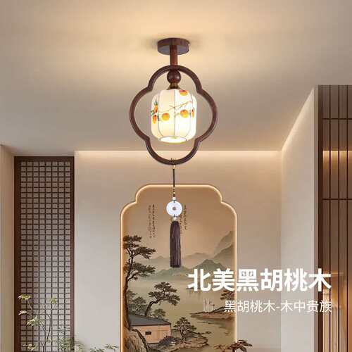 宋式美学走廊过道吸顶灯新中式布艺入户玄关阳台灯实木流苏灯L263