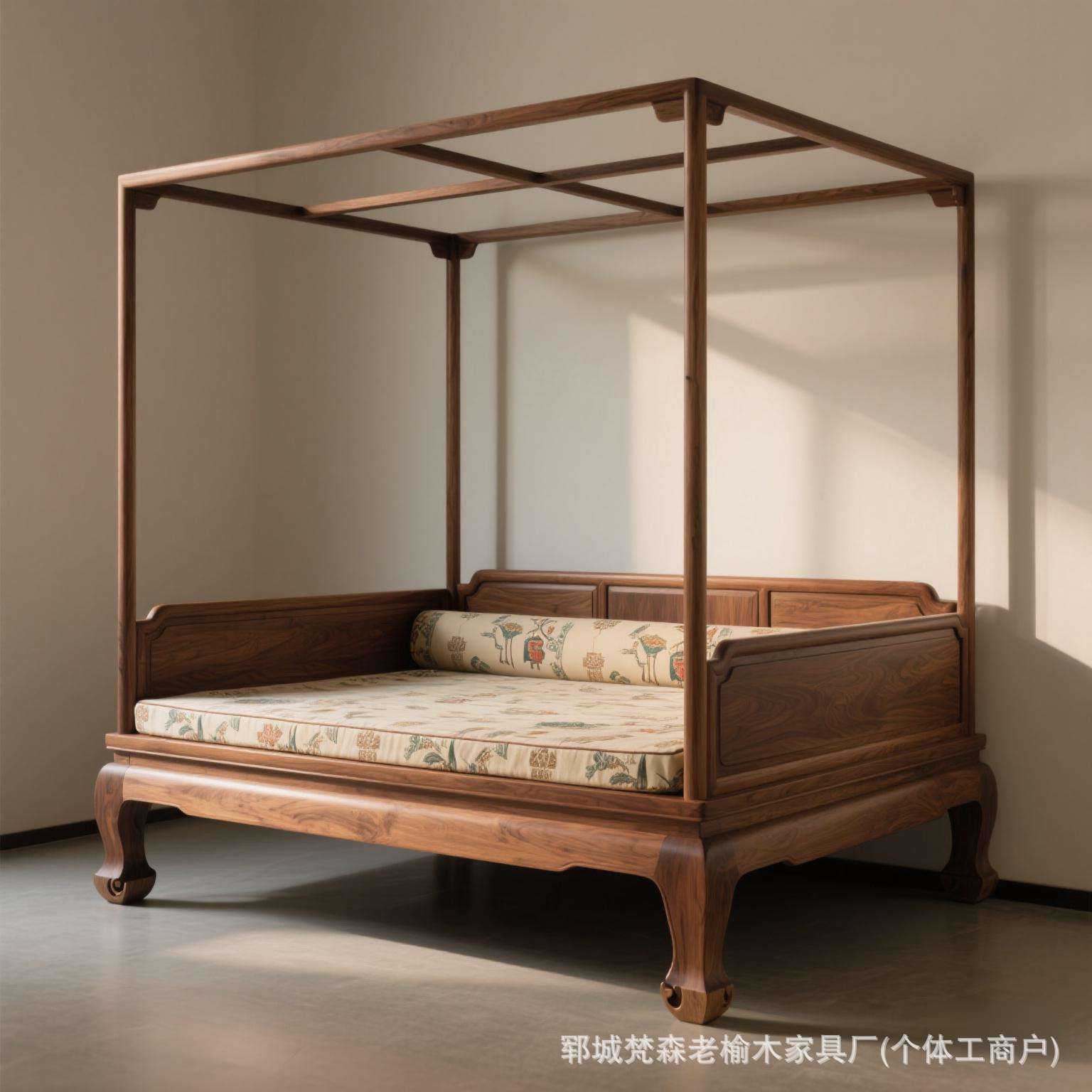 老榆木实木拔步床新中式风格镂空雕花双人四柱罗汉床中古风实木床