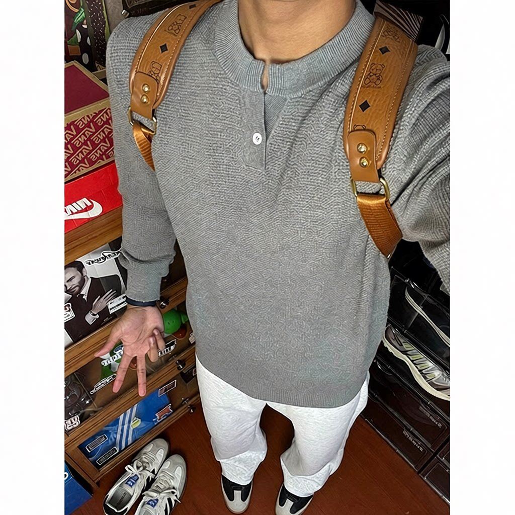 灰色亨利领正肩针织衫男款秋季复古华夫格修身毛衣老钱风运动上衣