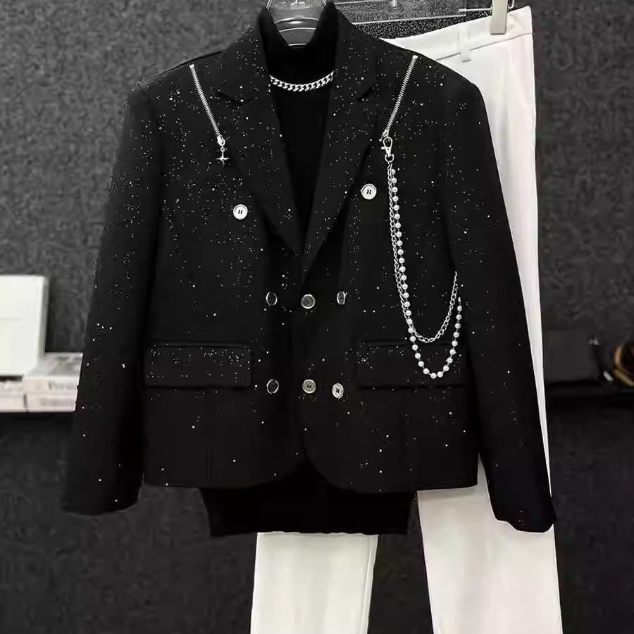 黑色满天星西装外套男潮流金属链条设计感宽松痞帅短款小西服上衣