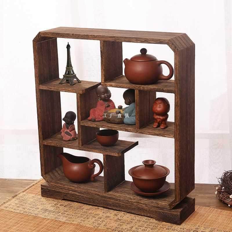 紫砂壶博古架桌面小多肉茶杯展示架实木中式茶壶收纳古董架多宝阁