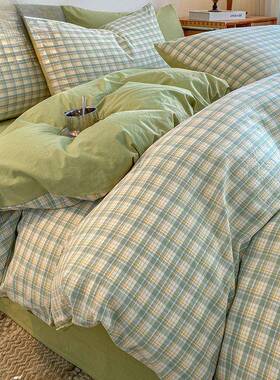 纯棉简约格子四件套1002025新款家用床单三件套棉被罩4