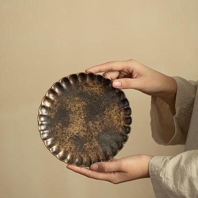 古法志野烧粗陶鎏金壶承茶盘盖碗底托花边茶点盘陶瓷茶具摆件配件