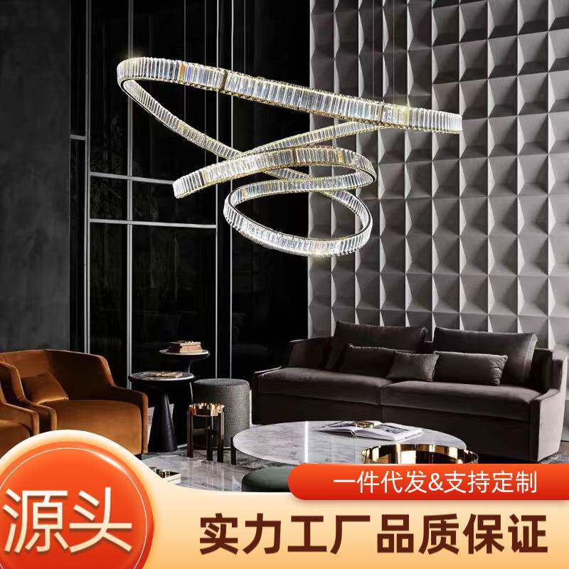 现代轻奢水晶吊灯客厅灯大气别墅复式楼设计师圆环大厅复式工程灯