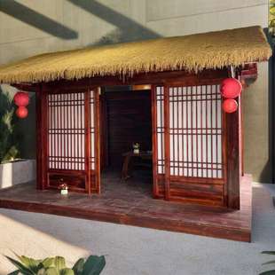 防腐木茅草木屋户外凉亭庭院木房子茶室农村小院稻草棚网红小木屋