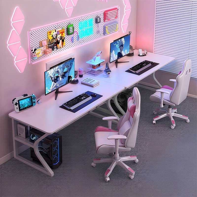 双人电竞桌白色电脑桌台式可放主机可装机械臂卧室家用桌子工作台