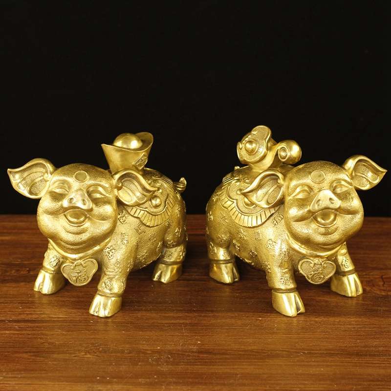 铜猪 如意元宝对猪生肖猪摆件办公居家工艺品长21cm