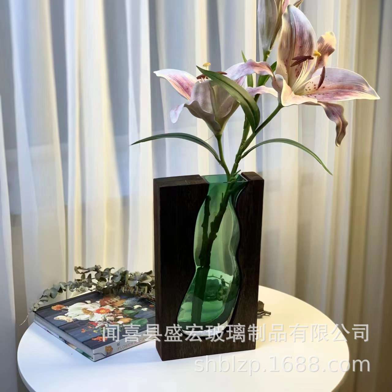 新中式木质花瓶创意玻璃摆件客厅插花轻奢高级水培鲜花吊钟马醉木