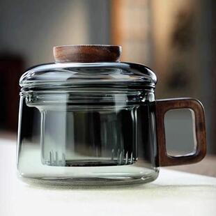 玻璃杯透黑色玻璃高颜值茶水分离墩墩杯侧木把带盖玻璃泡茶三件杯
