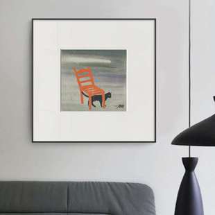 玛丽费登椅子下的猫小众艺术装饰画轻奢文艺原木风挂画民宿卡纸画