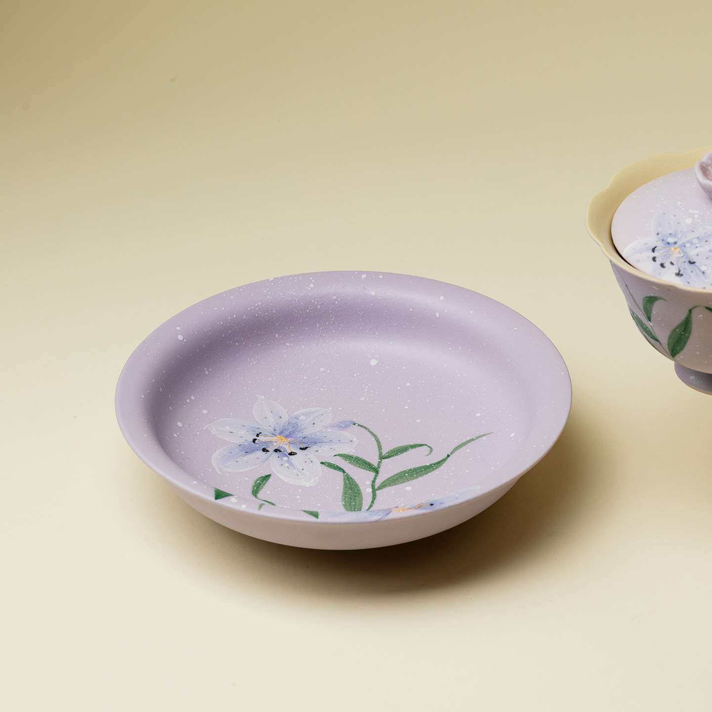 弥言束刻手绘百合陶瓷壶承家用紫色干泡盘盖碗茶壶垫茶道配件果盘