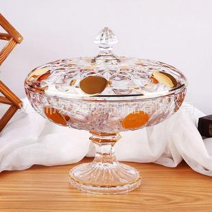捷克风欧式高脚大果盘水晶玻璃轻奢描真金带盖三宫格糖果干果盘