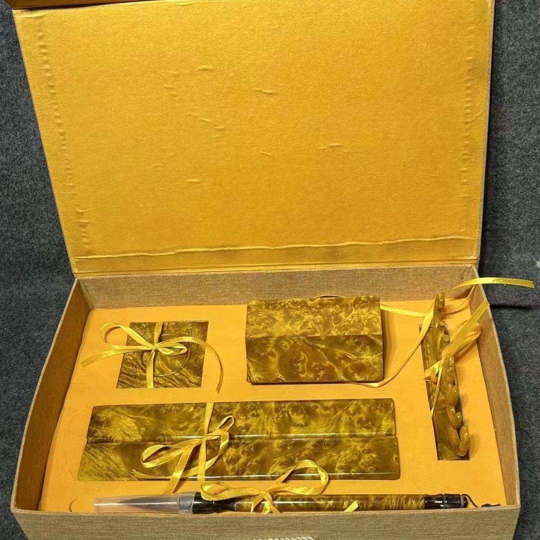 缅甸黄金樟满瘤疤文房四宝五件套金丝楠实木满水波木制品工艺品