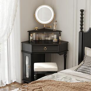 小型实木转角梳妆台60CM卧室法式复古风三角化妆桌拐角收纳柜一体