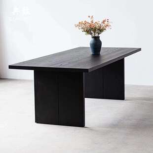 极简黑色餐桌碳化黑阳台木桌家用电脑桌实木桌子办公室大板长桌