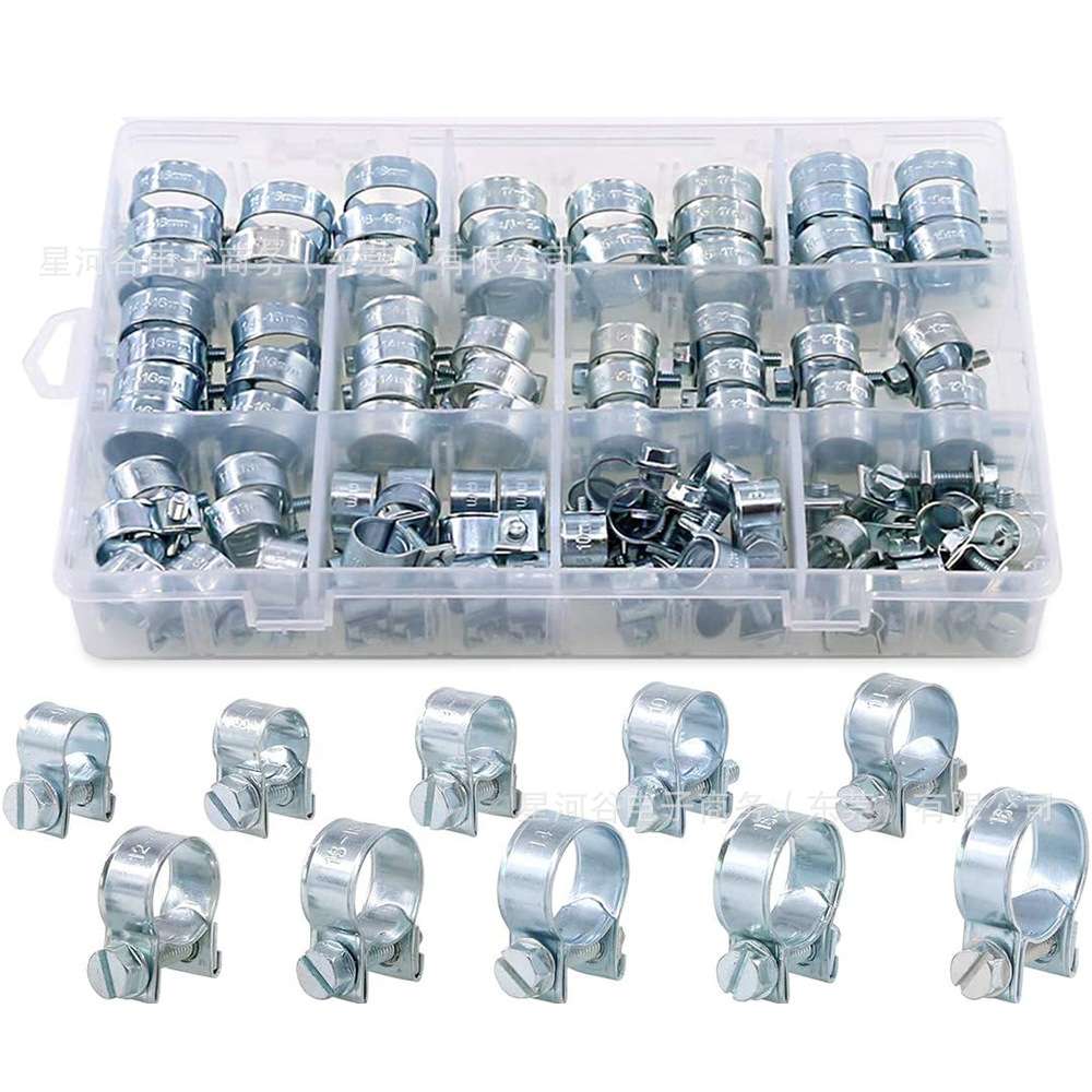 跨境供应 软管夹卡箍 92PCS盒装 迷你卡箍镀锌软管夹双耳抱箍套件
