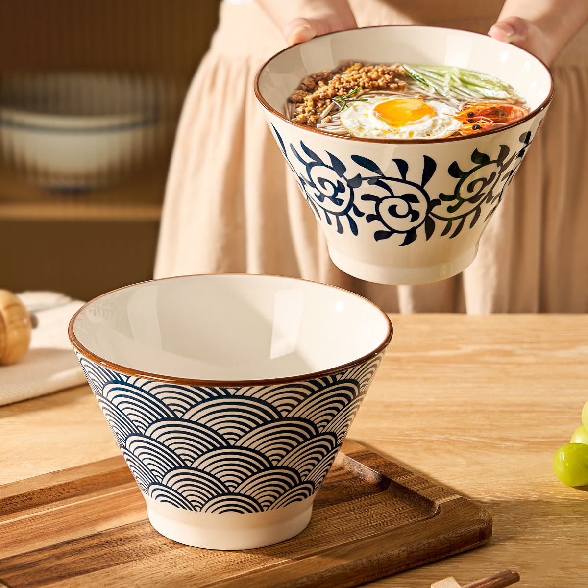 陶瓷拉面碗家用2024新款u斗笠面碗高脚碗好看的大碗汤面碗吃面条