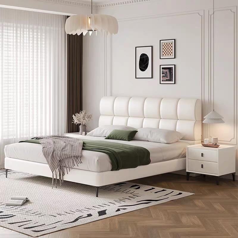 轻奢皮床华夫格意式极简软靠床头主卧床现代简约齐边双人床