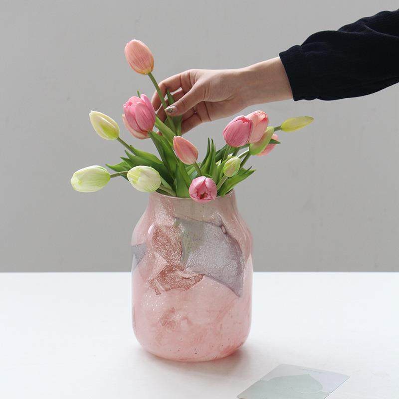 创意粉色絮状星空大理石磁粉花瓶中古风鲜花餐桌台面客厅花瓶