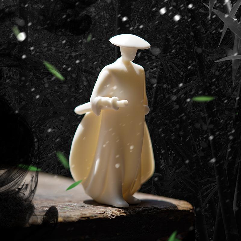 禅意德化白瓷人物侠客摆件新中式茶室茶空间桌面软装饰品造景设计