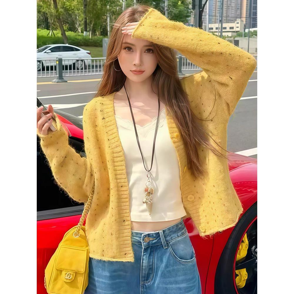 韩系彩色毛球针织开衫毛衣女2025秋季新款宽松慵懒松弛感小众上衣