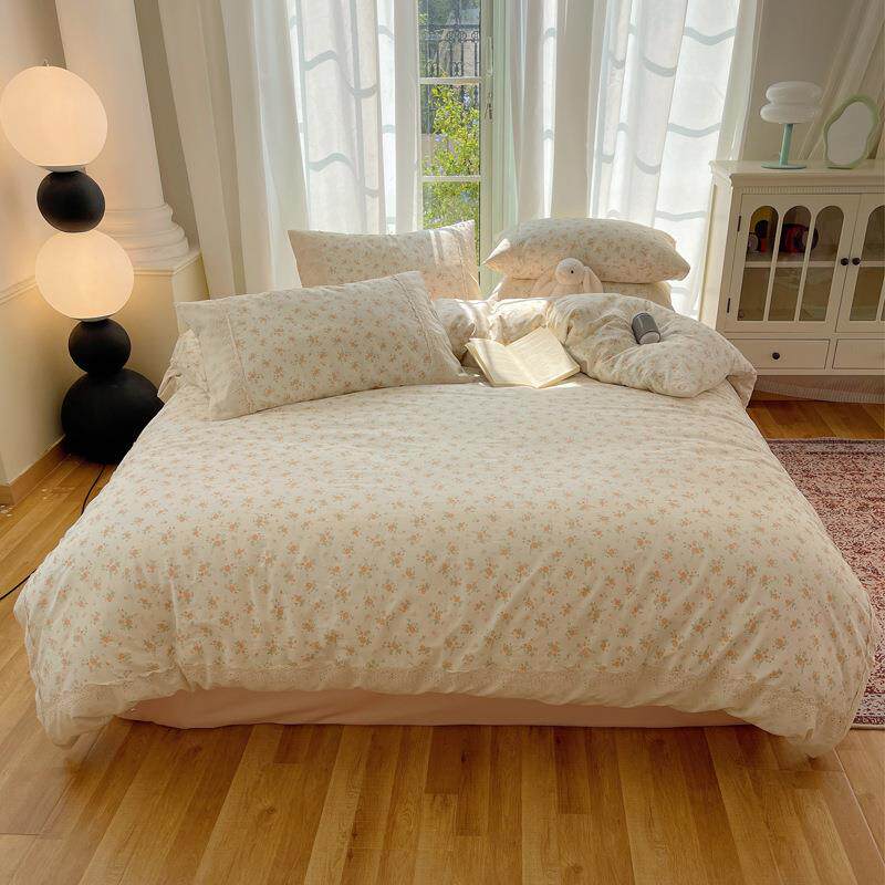 韩式花边全棉四件套床上用品纯棉碎花宿舍单人床单被套三件套床笠