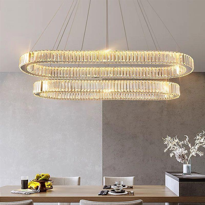后现代椭圆水晶餐厅灯意式轻奢金色不锈钢餐桌吧台大气样板间吊灯