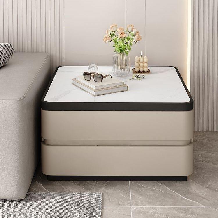 客厅沙发边柜轻奢新款移动高级侧边实木岩板皮质夹缝简约现代茶几