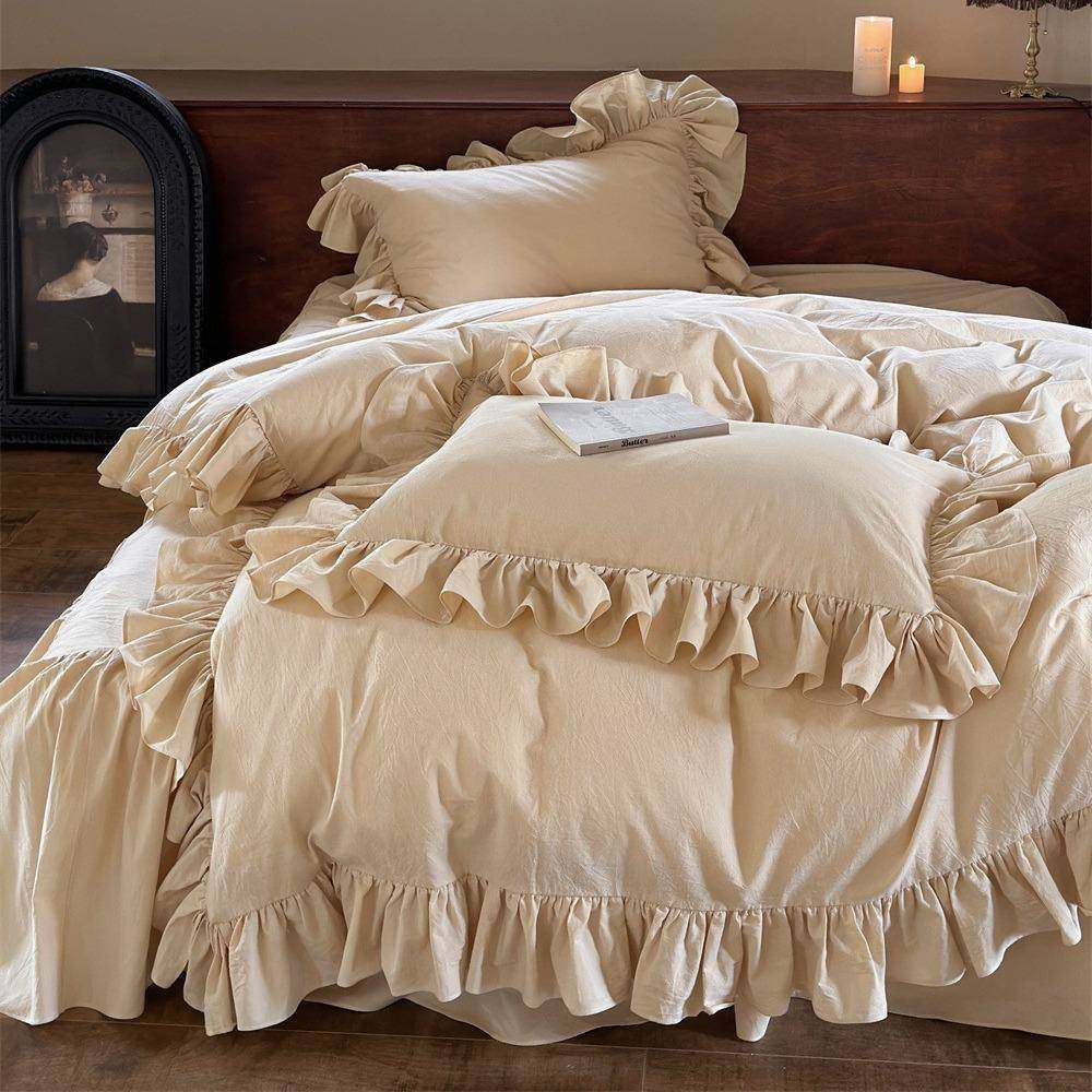 复古法式全棉水洗棉床裙款四件套温柔奶茶色少女荷叶花边纯棉被套