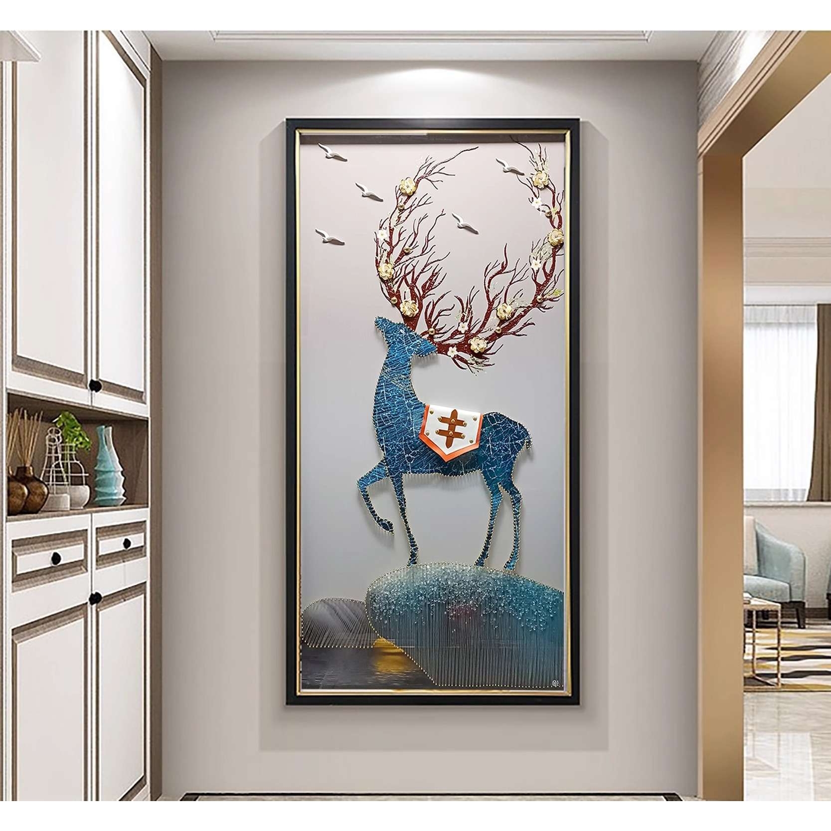 客厅入户玄关装饰画现代简约实物麋鹿立体画走廊壁画3d手工高档画图片