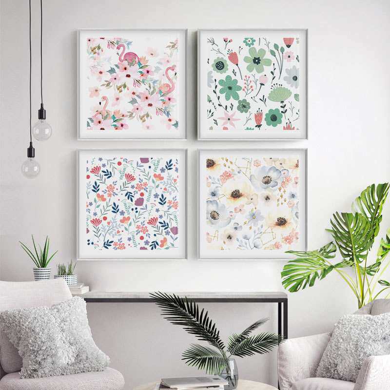 小清新客厅现代简约餐厅餐桌上的装饰画正方形北欧植物花卉壁画