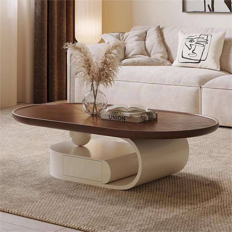 复古极简茶几弧边现代客厅家用胡桃色中古风茶几2024新款设计师款