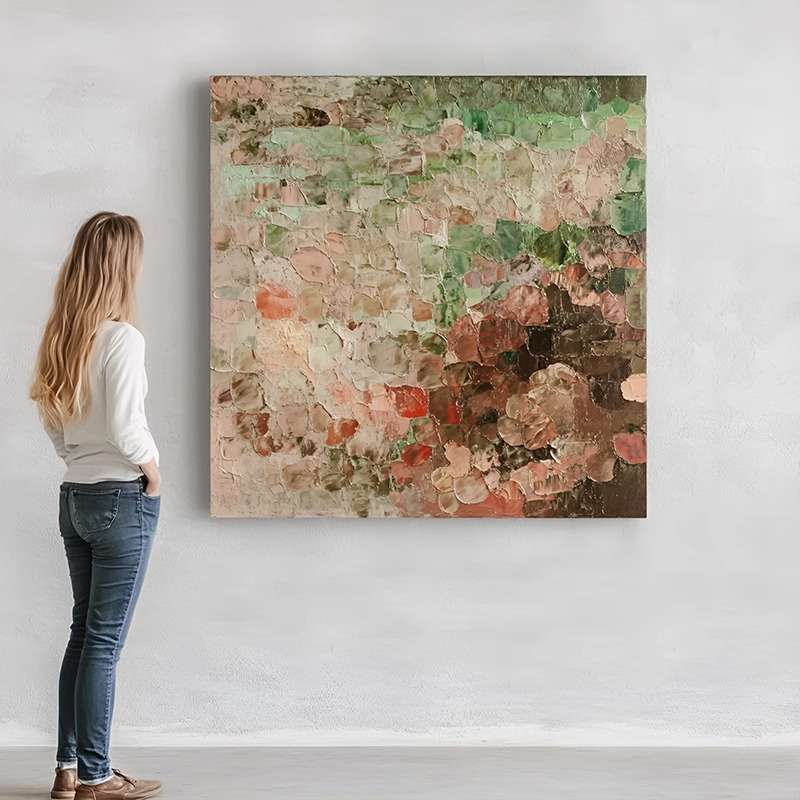 《棕绿梦影》酒店挂画棕绿色大幅别墅装饰画正方形软装画手绘油画图片