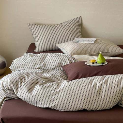 棉麻质感！色织条纹四件套都市简约风时尚舒适床单被套1.8m床笠款