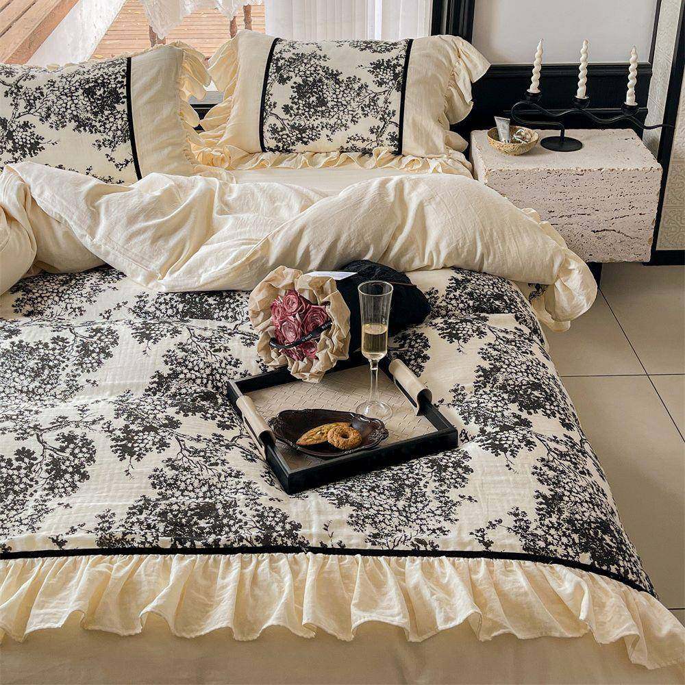 复古宫廷风荷叶花边双层纱别墅款亲肤双人透气卧室床笠四件套