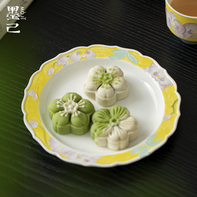 墨己撞色手绘芙蓉花陶瓷花边干泡壶承茶道配件家用茶壶底托茶点盘