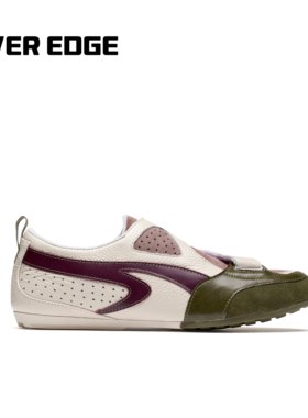 OVER EDGE越界限 杏绿色层次拼接魔术贴薄底德训真皮休闲运动鞋