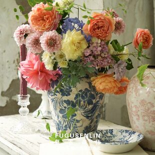 冰新中式陶瓷花瓶森林裂釉法式乡村做旧水培鲜花杂货复古花瓶花园