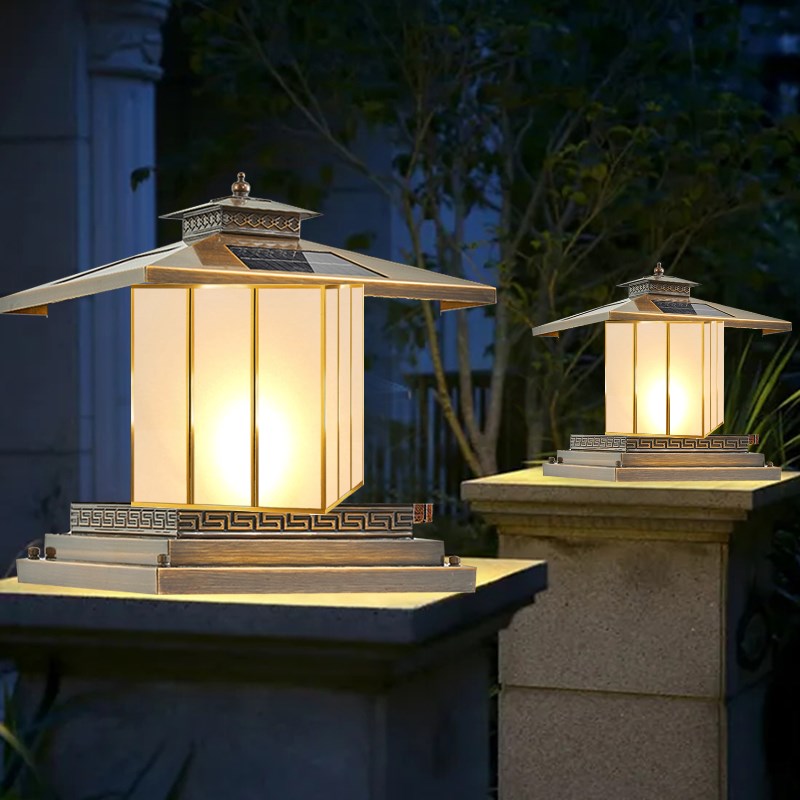 全铜太阳能柱头灯户外围墙庭院灯别墅F花园室外门柱灯大门口柱子