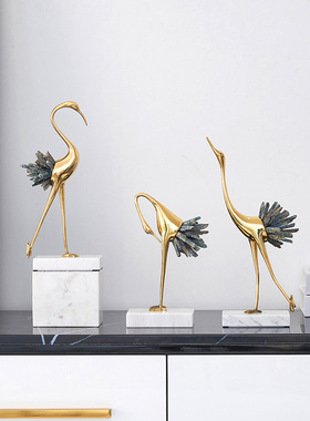 新中式轻奢水晶黄铜仙鹤s摆件现B代家居客厅酒柜玄关电视柜软装装