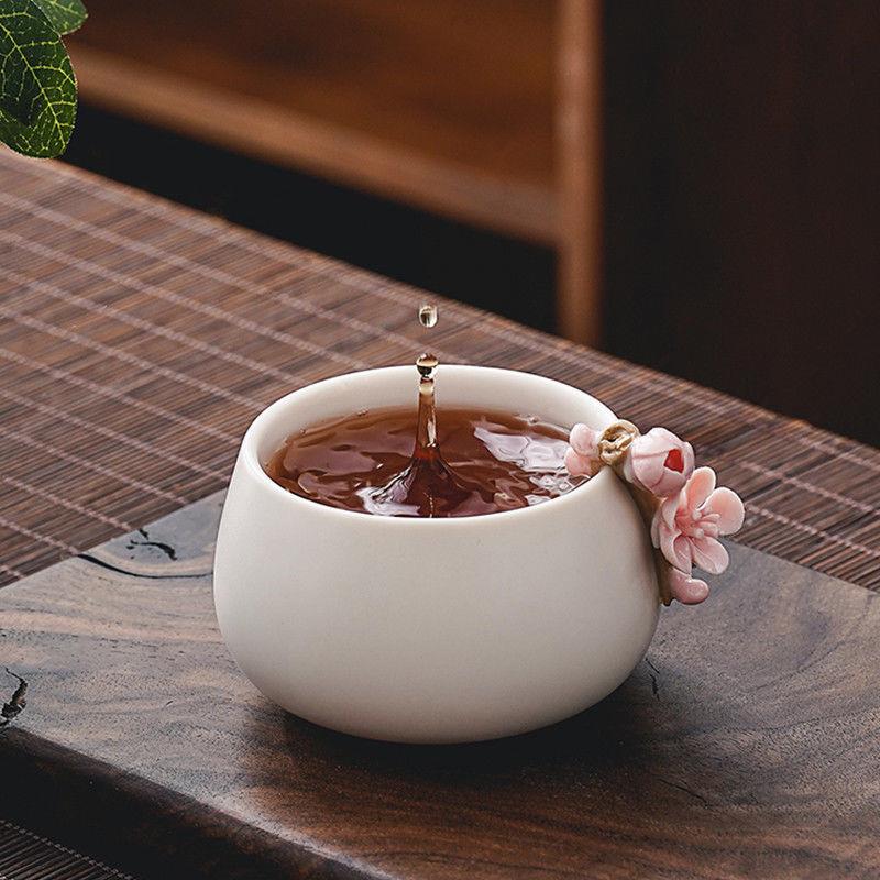 手工捏花月白汝窑茶杯主人杯子陶瓷开片品茗杯茶具单杯大茶盏茶碗