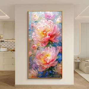 竖版奶油风牡丹花玄关装饰画花开富贵入户门正对墙挂画仿油画壁画