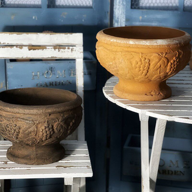手压红陶做旧花盆k 浮雕锈色葡萄宽口奖杯 花园 庭院室内 矮牵盆